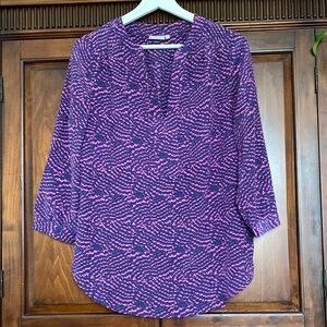 Ellie Kai 100% pure silk tunic mother of pearl buttons purple fuschia print 6